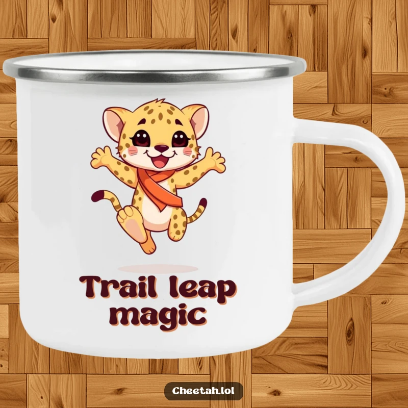 Funny happy cheetah cub wearing a sash, performing a graceful leap, on a sturdy camping mug, for joyful adventures, a funny gift.