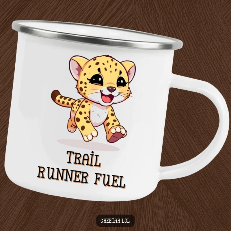 Funny cheetah cub with joyful motion streaks on a camping mug, expressing adventure for screen readers.