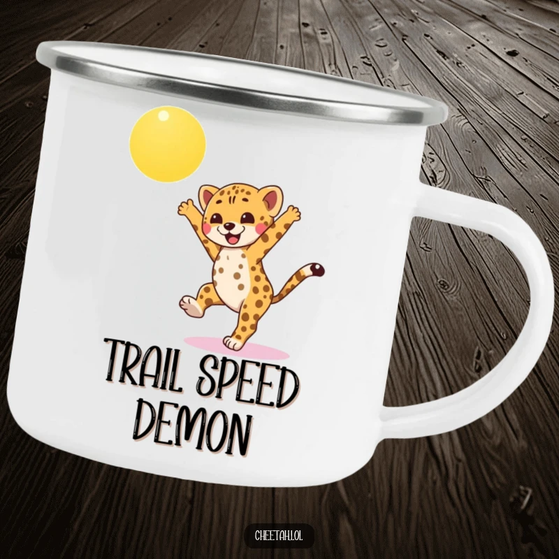 Funny cheetah cub camping mug, joyfully cartwheeling under the sun, perfect for outdoor adventures and adding humor to your brew.