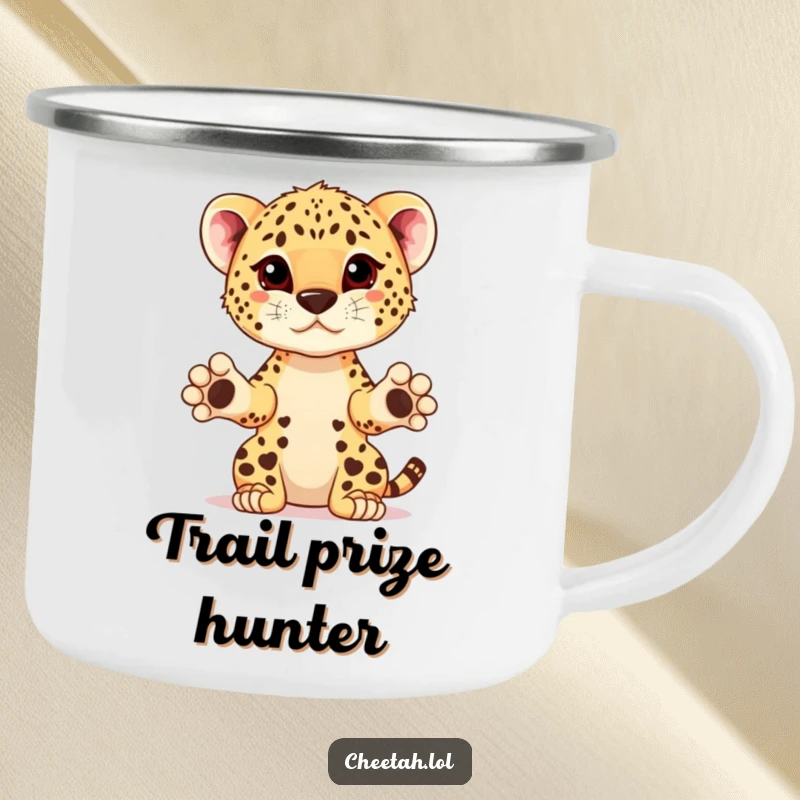 Funny cheetah cub with paws extended, presenting a prize on a camping mug, celebrating outdoor wins.
