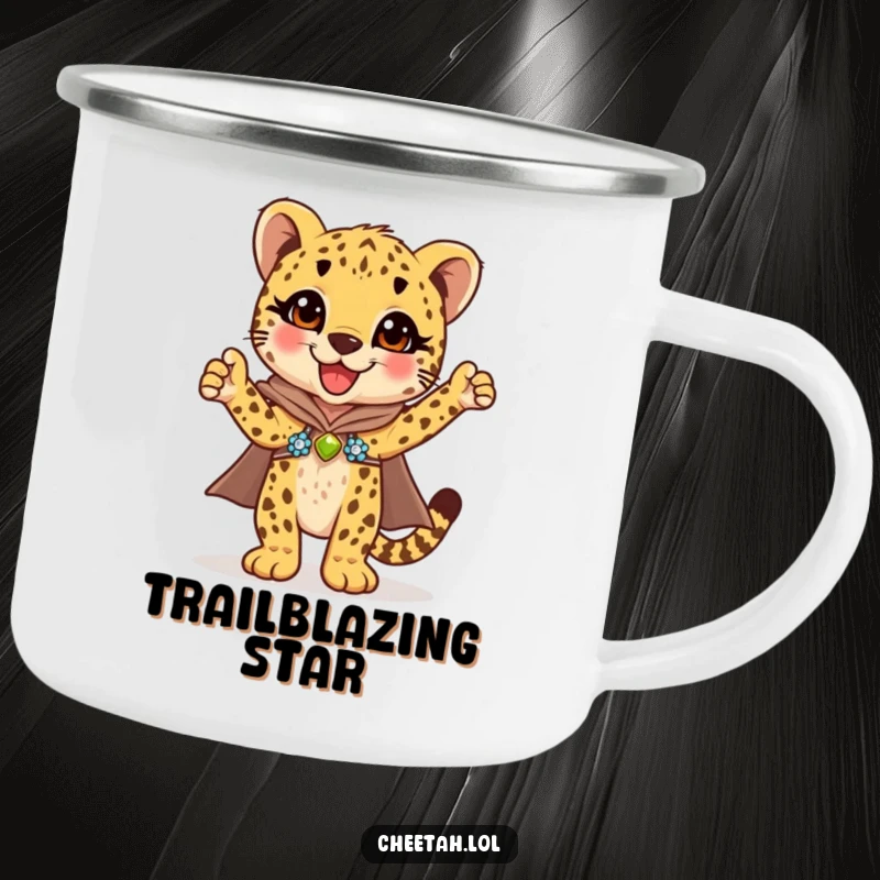 Funny cheetah cub in a dazzling sequined cape striking a triumphant pose, this camping mug is ready for adventure.