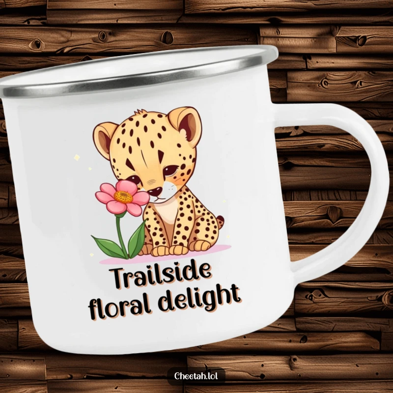 Funny cheetah cub camping mug with a curious cub sniffing a desert flower. Outdoor gear.