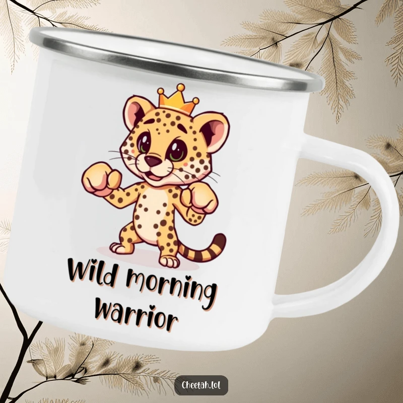 A durable and funny camping mug featuring a crowned cheetah in a playful boxing stance, ready for the great outdoors.