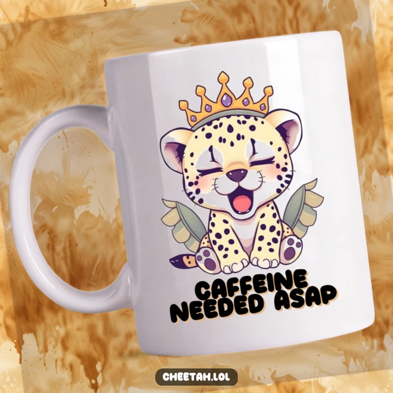 Funny sleepy cheetah cub wearing a feathered crown, yawning adorably on this cozy mug, a perfect gift.