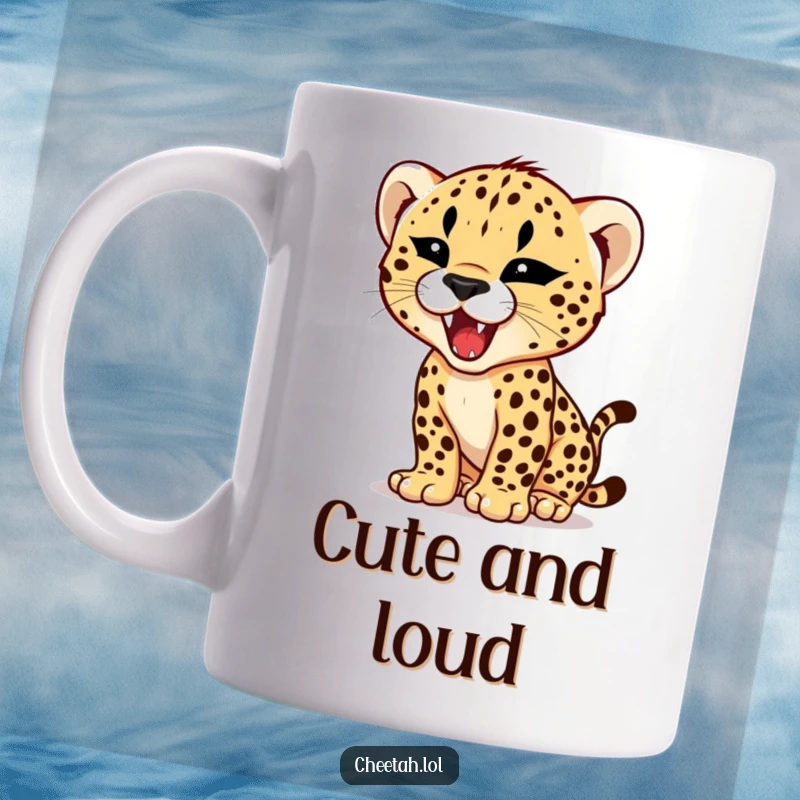 Funny mug showcasing a cheetah cub practicing its roar with a tiny, fierce expression, radiating adorable, humorous power.