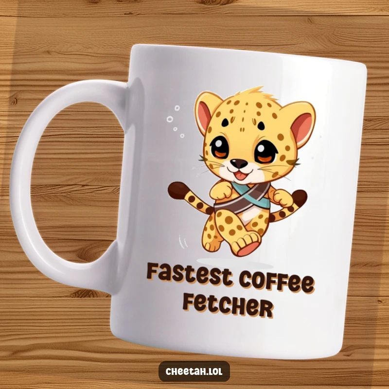 Funny Mug featuring a determined cheetah cub wearing a winner's sash, in a dynamic race pose with a blurred background, emphasizing speed.