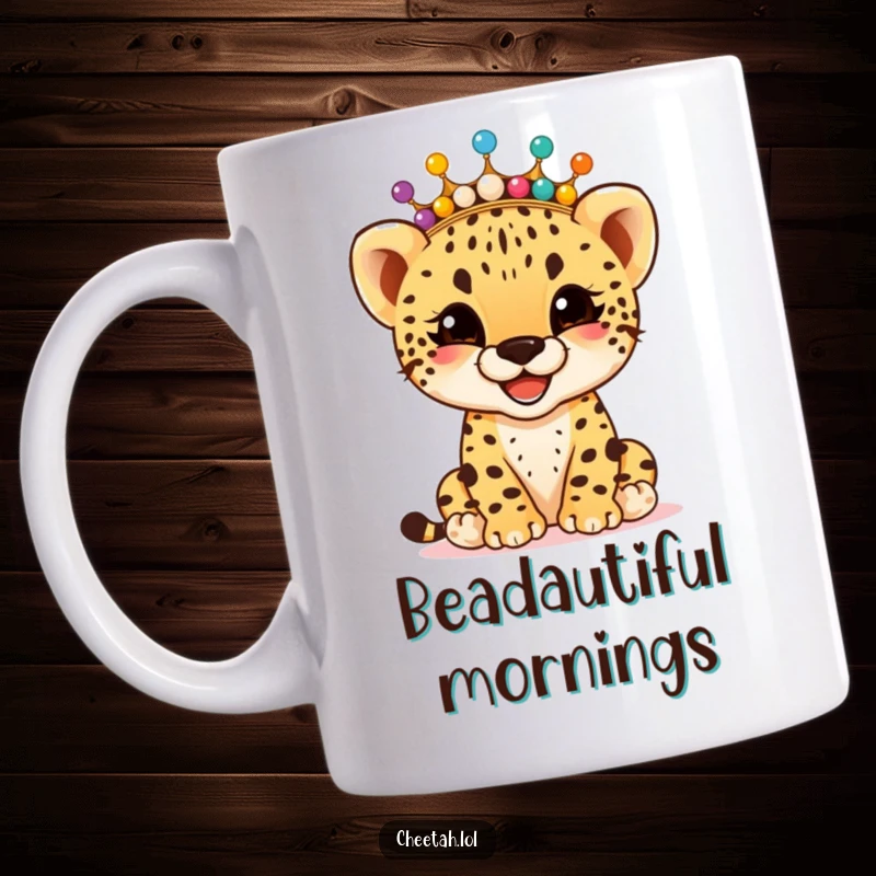 Funny giggling cheetah cub wearing a crown of colorful beads, captured on a mug, radiating joy, a funny gift.