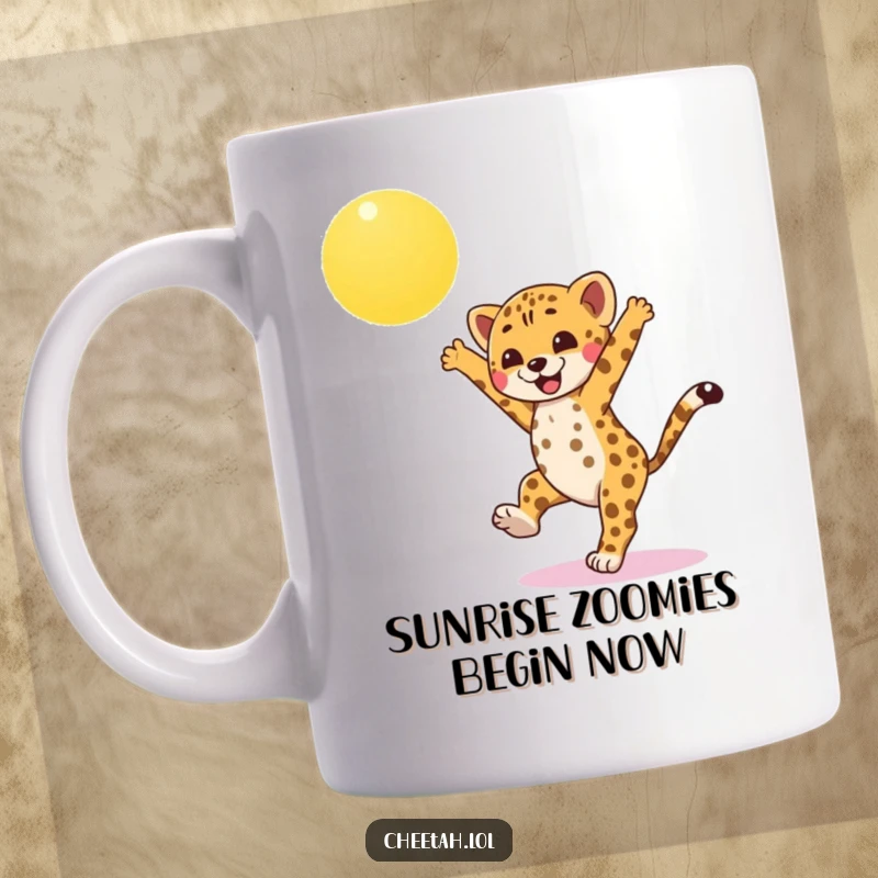 Funny cheetah cub mug, energetically doing a cartwheel under a beaming sun, showcasing pure joy and athleticism for a hilarious gift idea.