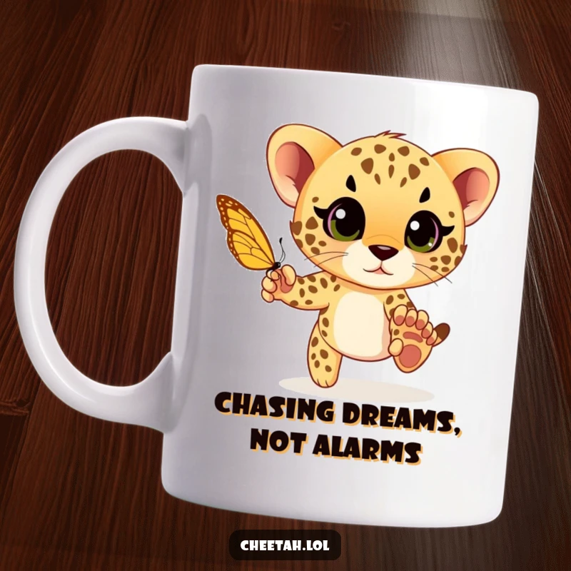 Funny cheetah cub playfully chasing a butterfly with wide eyes, full of wonder and innocent excitement on this humorous mug.