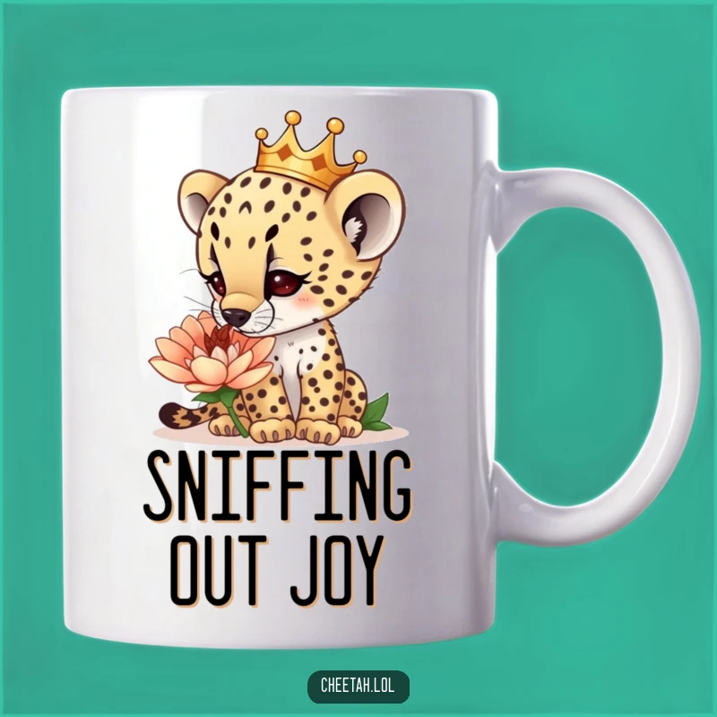 Funny Cheetah Cub Crown Mug: Curious Flower Sniffer Design, Perfect Funny Gift