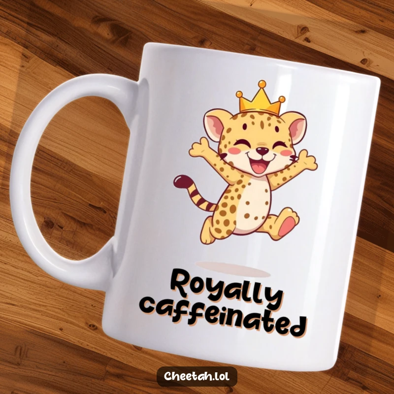 Funny cheetah cub mug featuring a cub wearing a tiny crown, captured mid-joyful leap.