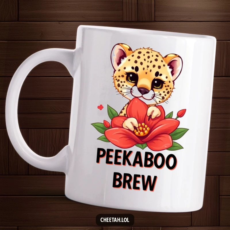 Funny mug featuring a cheetah cub playfully peeking from behind a vibrant red flower, its eyes full of curiosity and mischief.