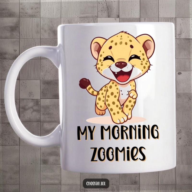 Funny mug featuring a giggling cheetah cub comically chasing its tail with pure, unadulterated joy and playful energy.