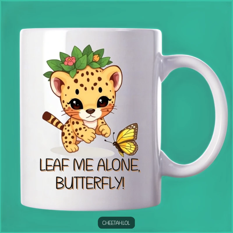 Funny Cheetah Cub Leaf Crown Pouncing Butterfly Mug - Perfect Gift for Animal Lovers