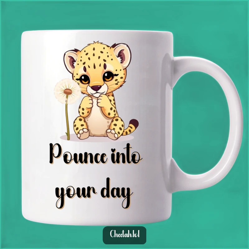 Funny Cheetah Cub Mug: Playful Dandelion Chase Gift