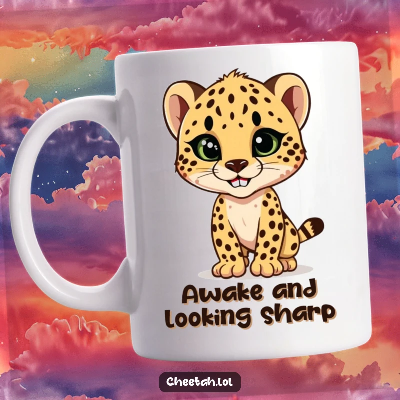 Funny cheetah cub striking a sleek, stylish pose with a confident grin, looking fashionable and cool on this humorous mug.