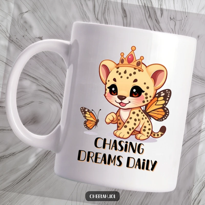 Funny cheetah cub with a tiara, playfully racing a butterfly, captured on a mug, ready for fun, a funny gift.