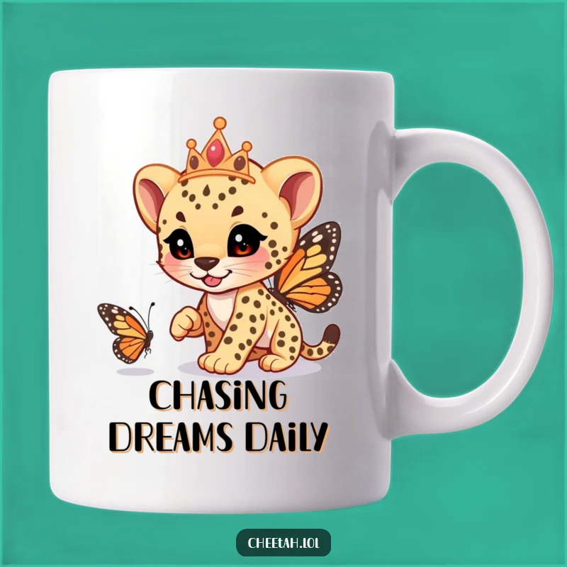 Funny Cheetah Cub Tiara Mug: Playful Butterfly Race Design, Perfect Funny Gift