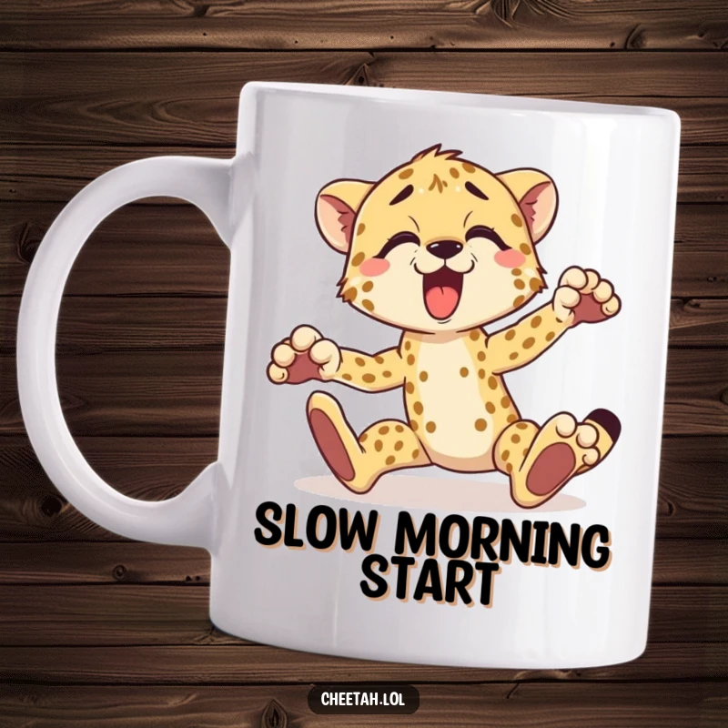 Funny cheetah mug showing a surprised cheetah tripping comically over its paws, ideal for animal lovers.
