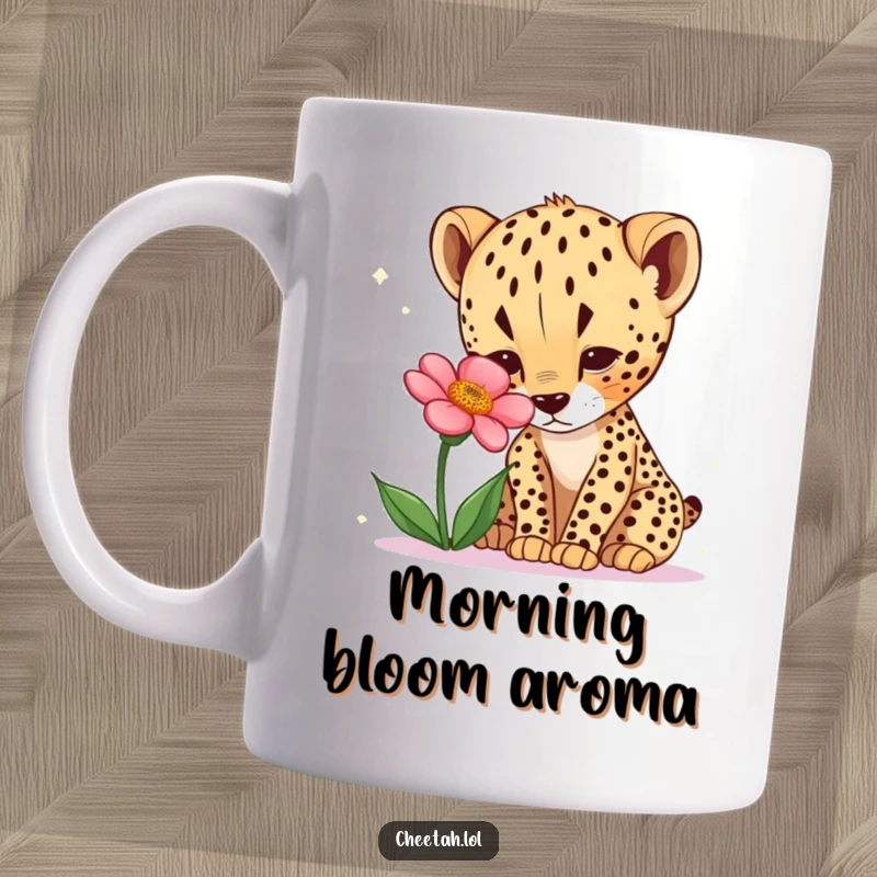 Funny cheetah cub mug with a curious cub cautiously sniffing a bright desert flower. Wildlife art.