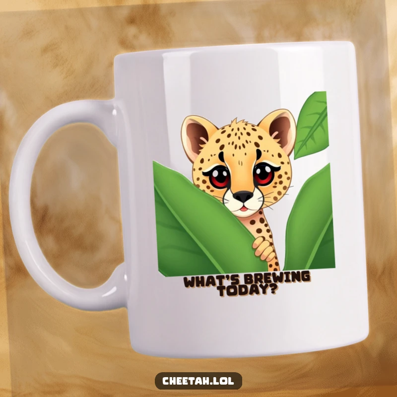 Funny cheetah with large, curious eyes peeking from behind a giant spotted leaf on a mug, conveying intrigue and humor.