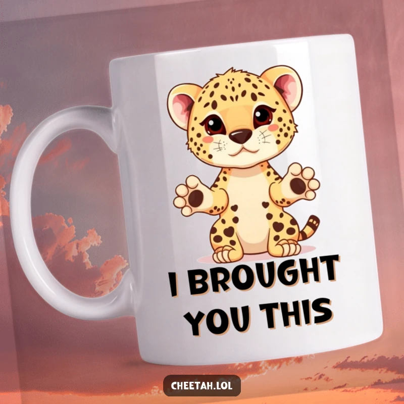 Funny cheetah cub with paws extended, presenting an imaginary prize on a mug, embodying celebratory spirit.