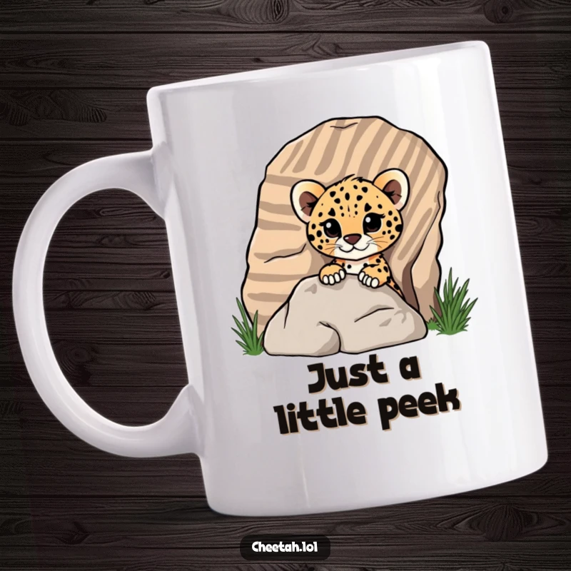Funny cheetah cub peeking mischievously from behind a large, striped rock on a mug, expressing playful curiosity for screen readers.