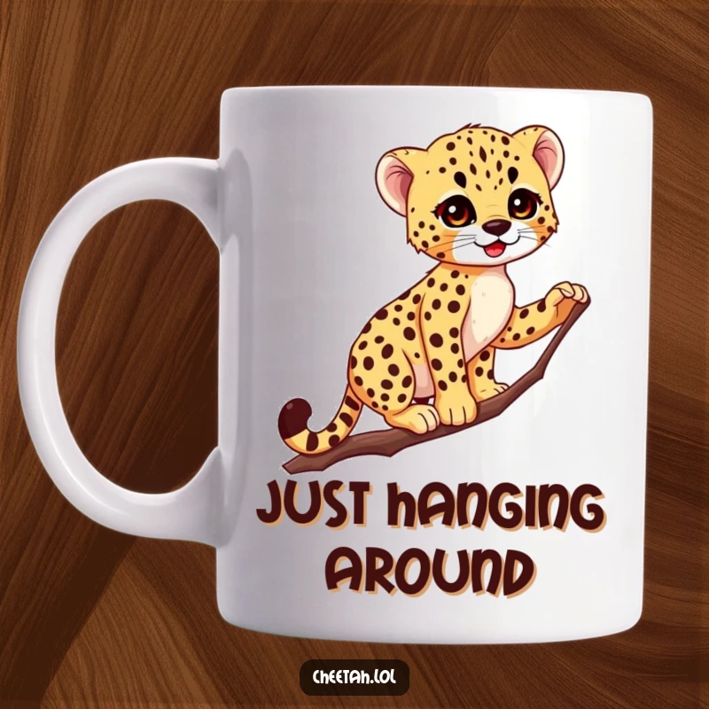 Funny Cheetah Cub Mug: Tiny spotted acrobat balances precariously on a thin branch, showcasing surprising grace and adorable charm.