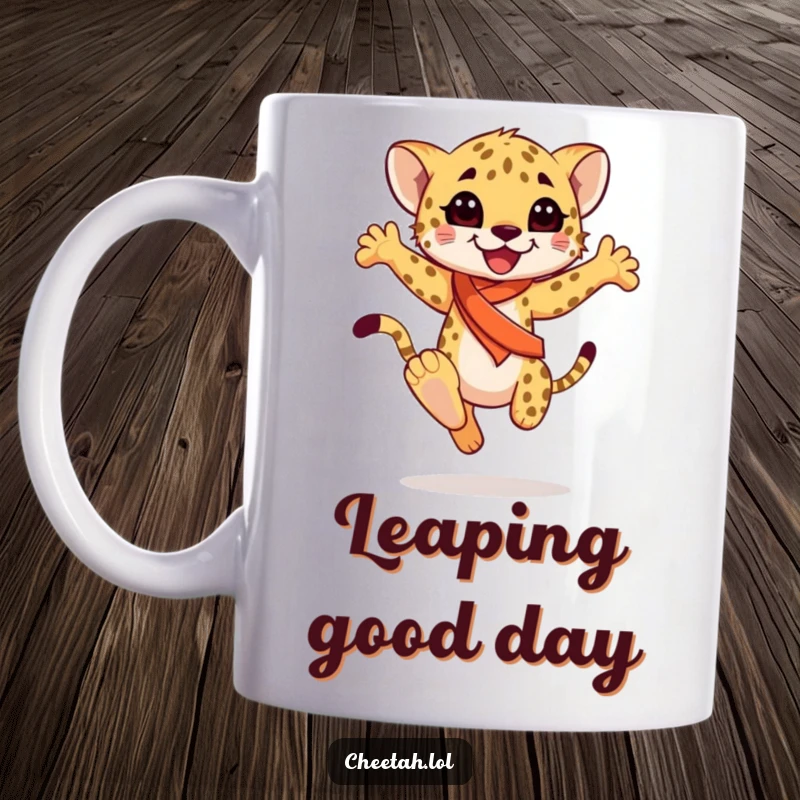 Funny happy cheetah cub wearing a sash, performing a graceful leap, captured on a mug, perfect for dance enthusiasts, a funny gift.