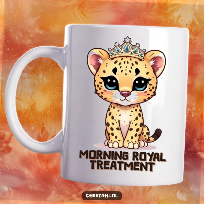 Funny cheetah cub mug depicting a cute cub wearing a sparkly tiara and striking a confident model pose.