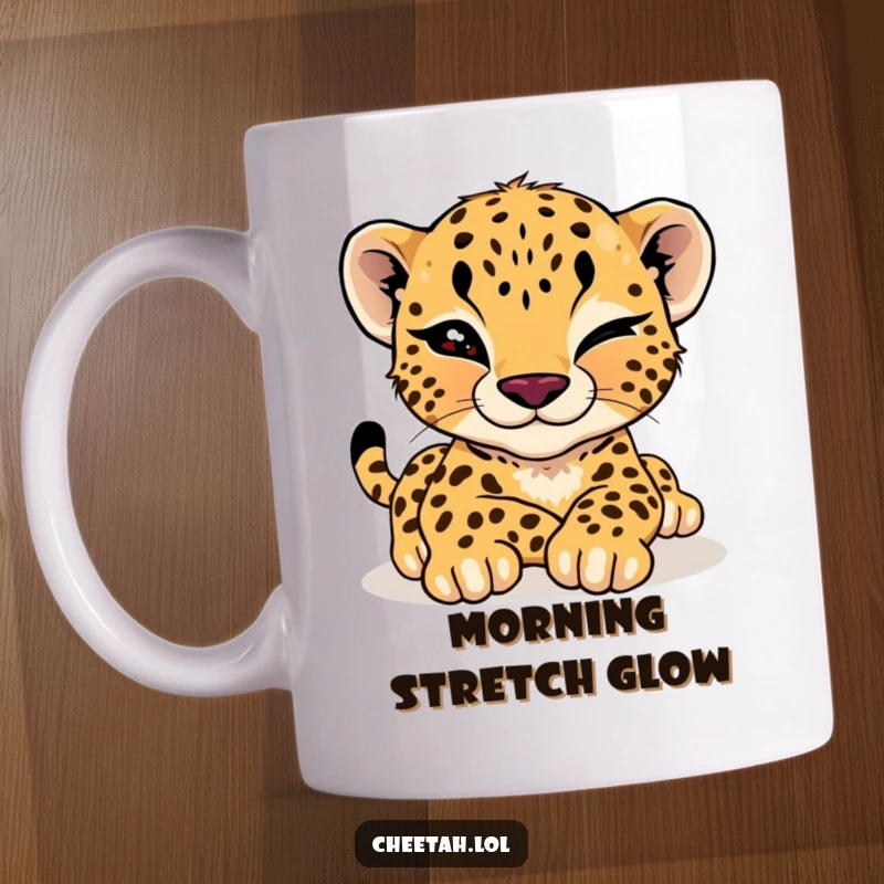 Funny cheetah cub mug featuring a relaxed cub giving a playful wink while stretching languidly, radiating cool cat charm.
