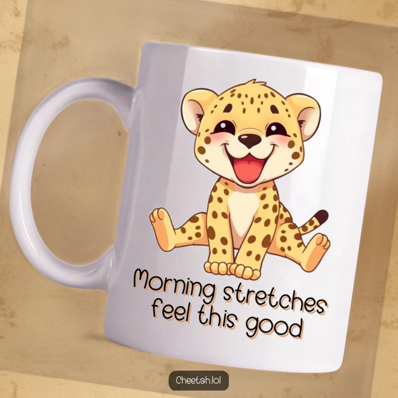 Funny cheetah cub mug with a big grin, stretching its long legs adorably, conveying joy and playfulness. A perfect cute gift.