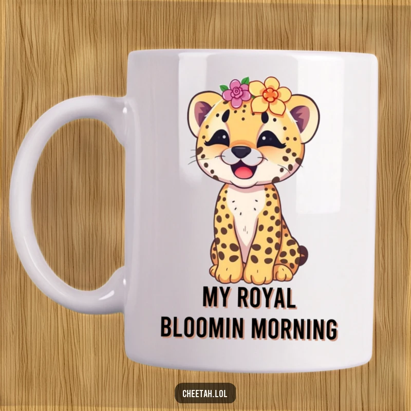 Funny cheetah cub giggling uncontrollably, wearing a slightly crooked flower crown on a coffee mug, radiating pure happiness.