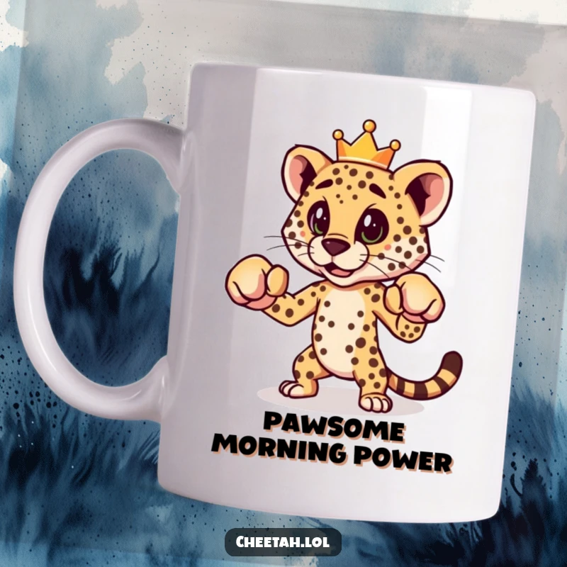 Funny cheetah wearing a jaunty crown, striking a playful boxing stance on a coffee mug, ready to pounce.