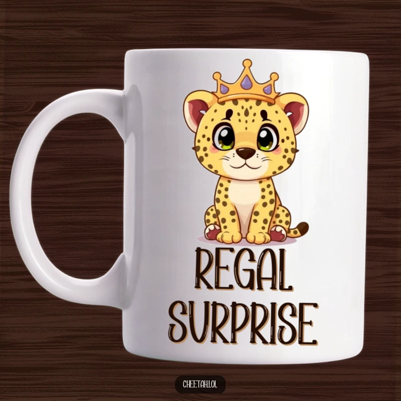 Funny cheetah cub mug with a crown, looking surprised with wide, curious eyes, showcasing royal wonder.