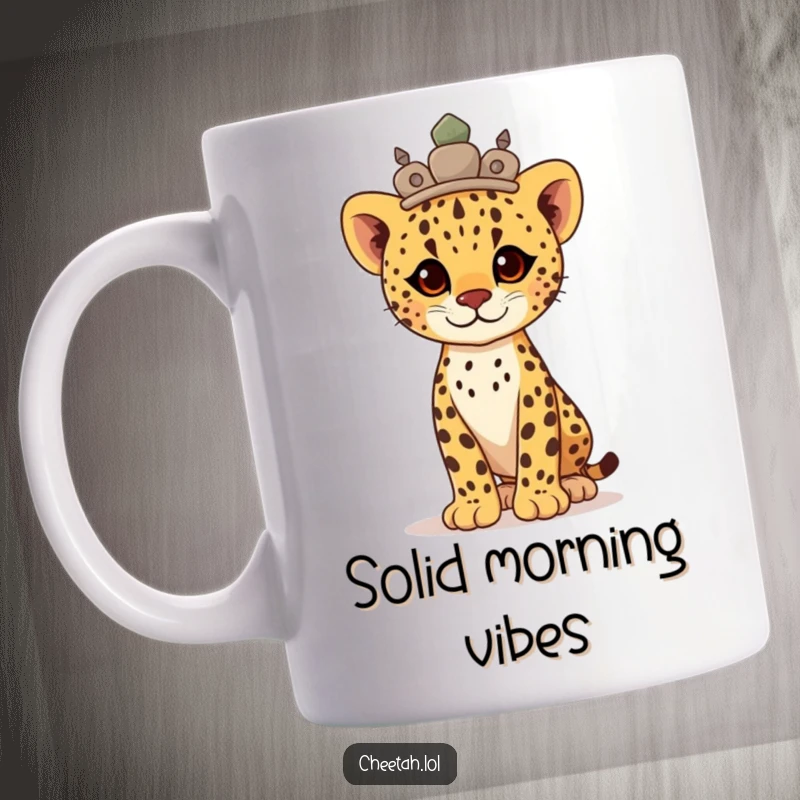 Funny proud cheetah cub wearing a crown of smooth stones, standing tall with quiet dignity on this mug.