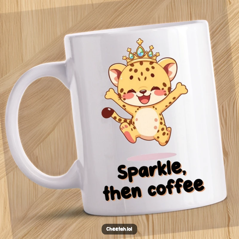 Funny Mug showing an energetic cheetah cub mid-leap, wearing a sparkling tiara, radiating pure joy and playful movement for animal lovers.