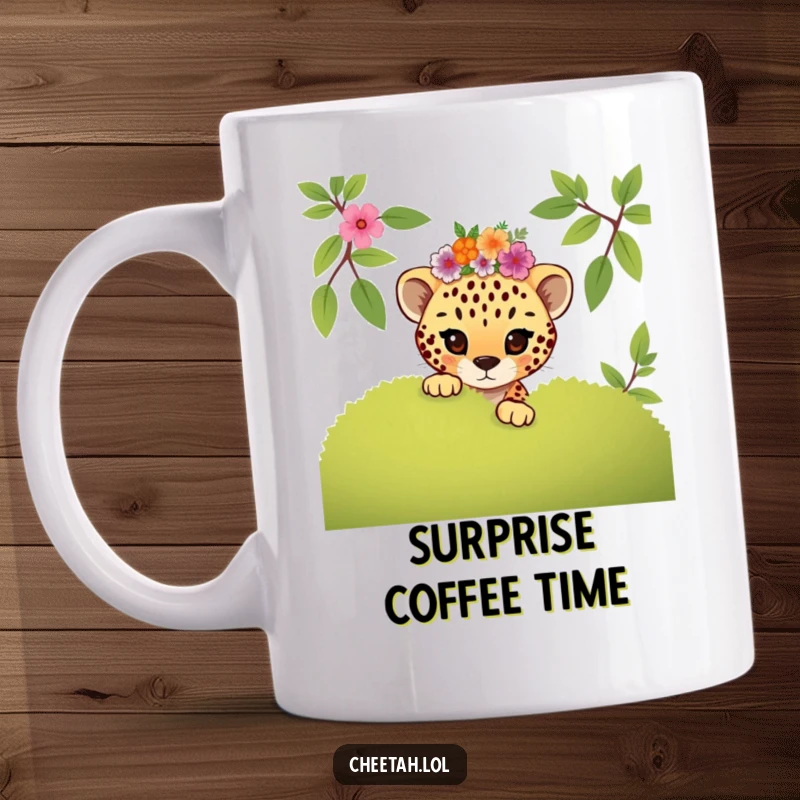 Funny mischievous cheetah cub with a floral crown peeking around a bush, a playful and cute mug gift.