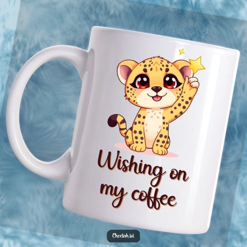 Funny coffee mug depicting a cute cheetah cub with wide, happy eyes reaching upwards towards a twinkling, shimmering star.