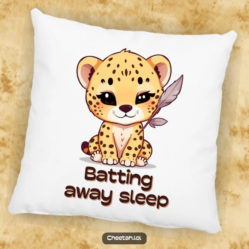 Funny Pillow featuring a cheetah cub with a playful wink, batting at a dangling feather, offering comfort with a side of charming, lighthearted humor.