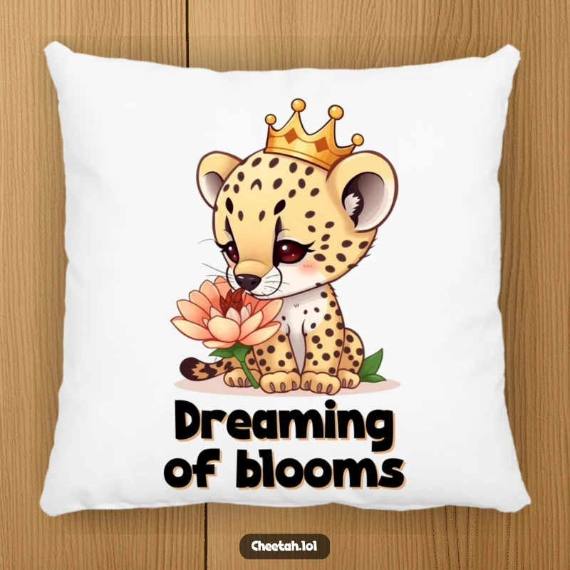 Funny curious cheetah cub wearing a tiny crown, sniffing a giant flower, on a soft pillow, providing comfort and wonder, an ideal funny gift.