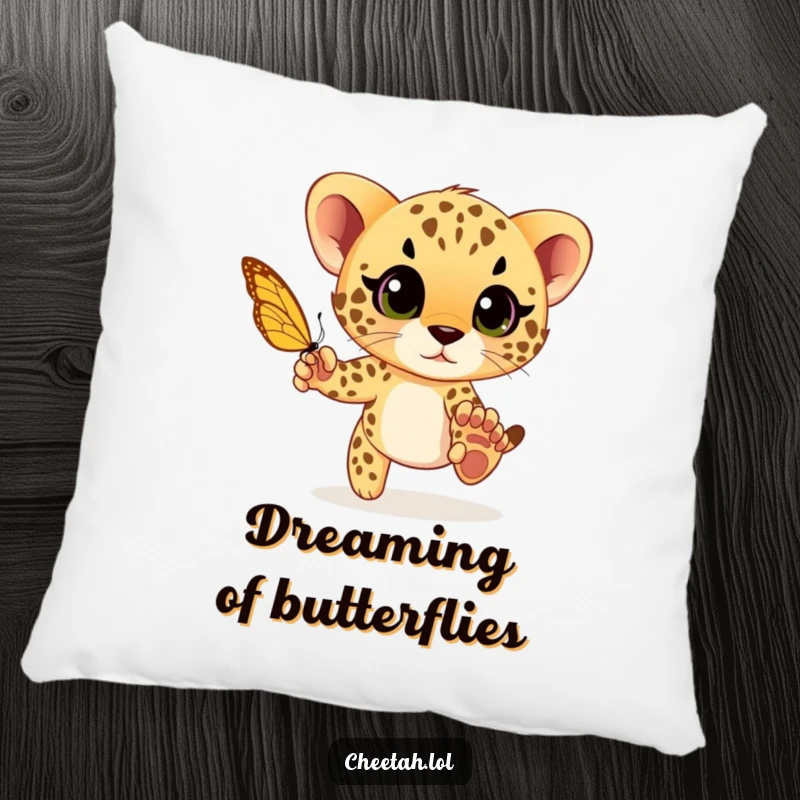 Funny cheetah cub playfully chasing a butterfly with wide eyes, a soft and humorous pillow designed for playful comfort.