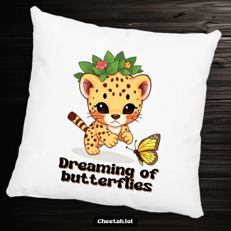 Funny and soft pillow featuring a cheetah cub with a leaf crown, playfully pouncing on a butterfly, ideal for cozying up with humor.