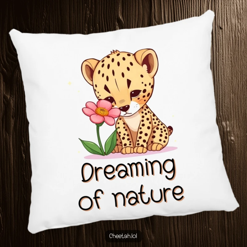 Funny cheetah cub pillow with a curious cub sniffing a desert flower. Decorative and soft.