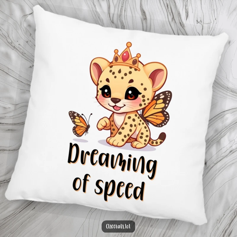 Funny cheetah cub wearing a tiara, playfully racing a butterfly, on a soft pillow, providing comfort and whimsy, an ideal funny gift.