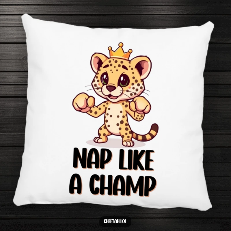 A soft and funny pillow featuring a cheetah in a boxing pose, wearing a crown, ready for a playful snuggle.