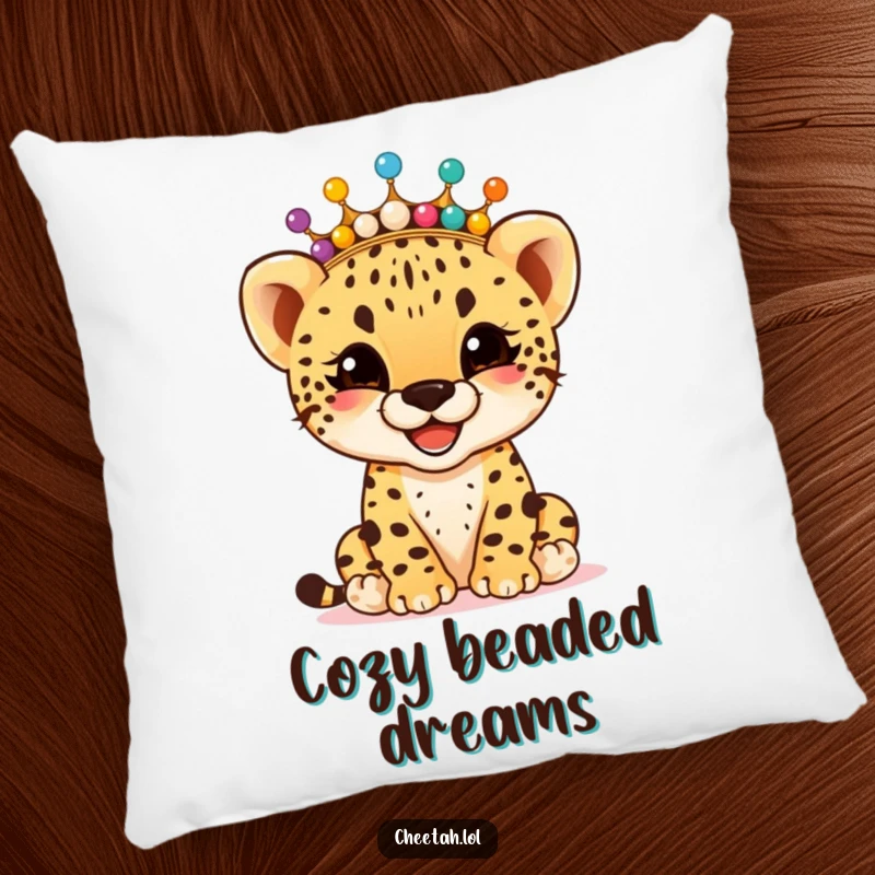 Funny giggling cheetah cub wearing a crown of colorful beads, on a soft pillow, providing comfort and joy, an ideal funny gift.