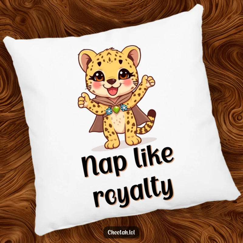 Funny cheetah cub in a glittering sequined cape striking a joyful, triumphant pose on this soft and cozy pillow.