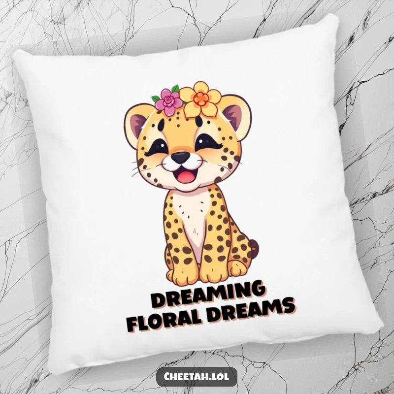 Funny decorative pillow showcasing a cute cheetah cub wearing a slightly tilted flower crown and giggling with delight, soft and cuddly.