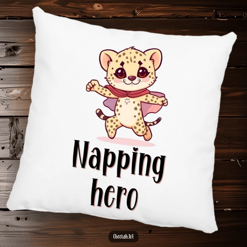Funny cheetah cub pillow featuring a cub in a sparkly cape, striking a heroic pose, offering cozy and bold comfort.